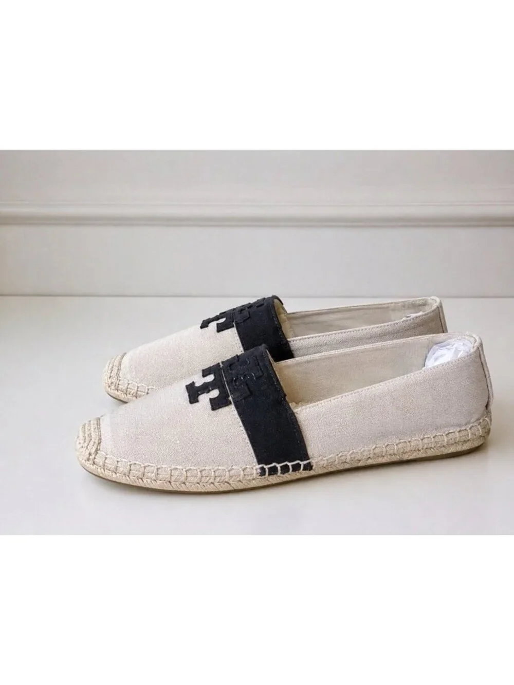 Tory Burch Weston Flat Espadrille Natural Canvas Black/Beige Logo Shoes Size 9